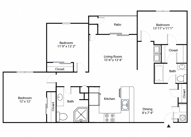 Floor plan for 3 beds, 2 baths, 1243 sqft
